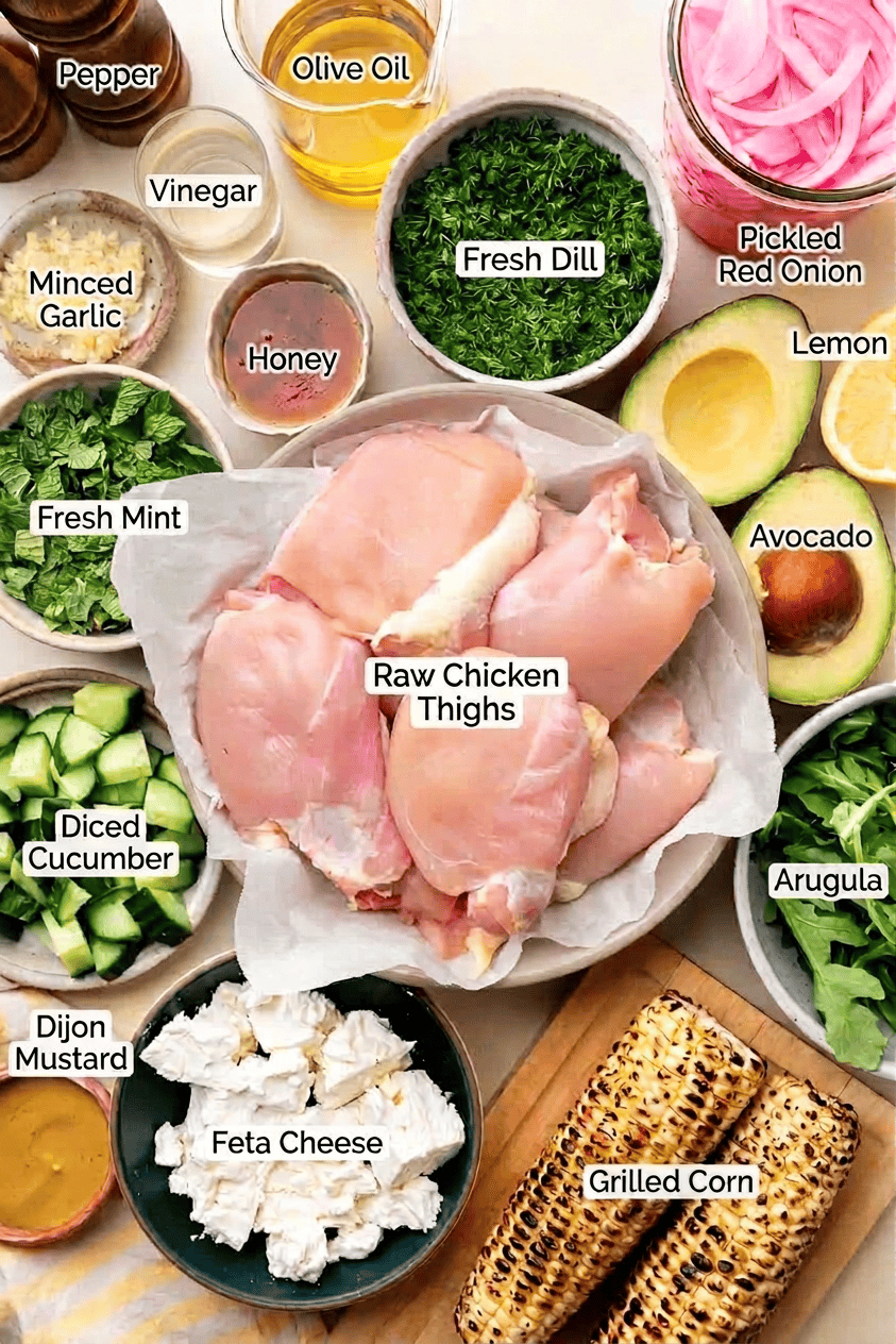 avocado-dill-feta-salad-1 Raw chicken thighs surrounded by bowls of fresh mint, diced cucumber, feta cheese, fresh dill, arugula, pickled red onion, honey, vinegar, olive oil, minced garlic, dijon mustard, avocado, lemon, and grilled corn on a wooden board